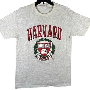 VINTAGE 90s Harvard University T-Shirt Mens Large Gray Ivy League Crest Logo USA